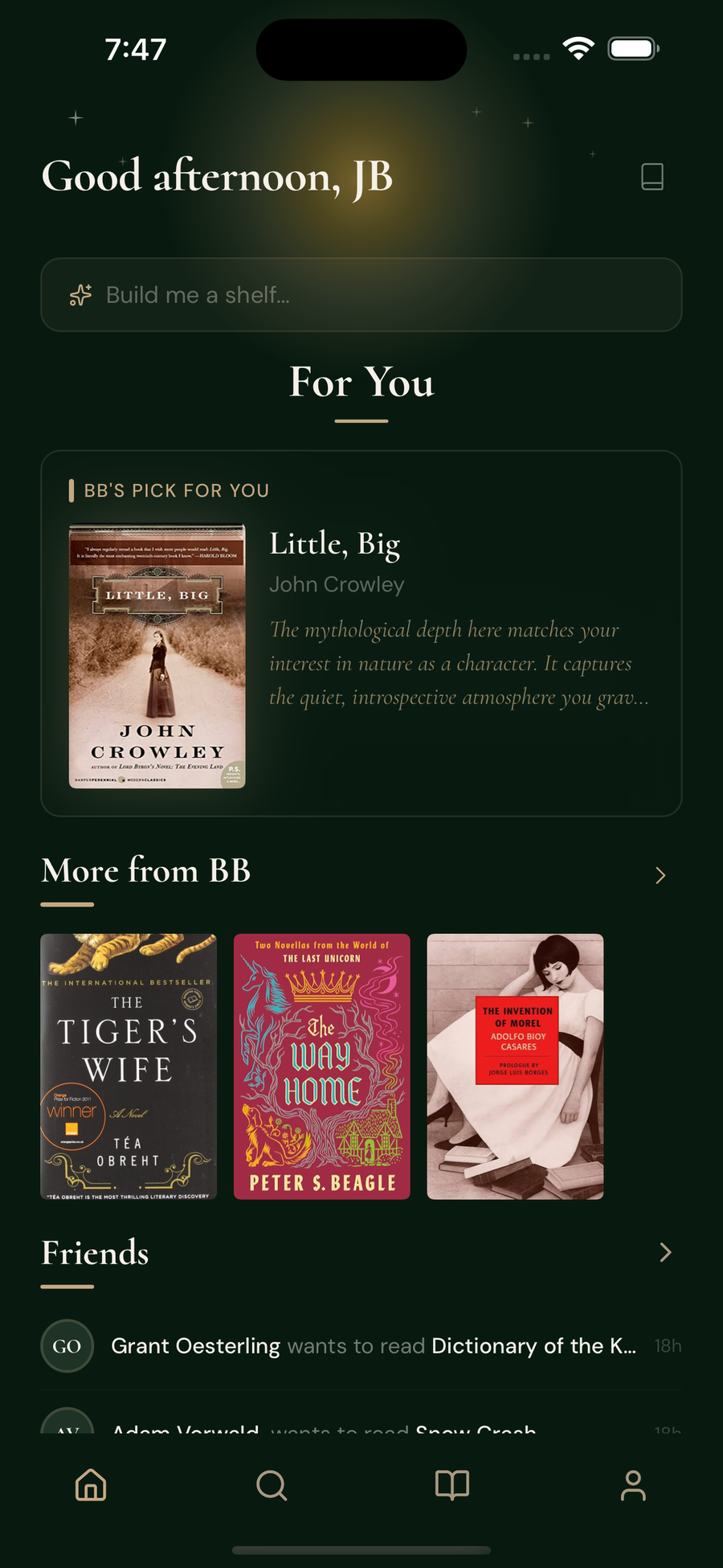 Spine home screen with For You recommendations